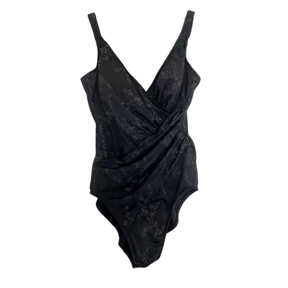 Miraclesuit One Piece Swimsuit Surplice Neck Ruched Bodice in Black/Silver 14
